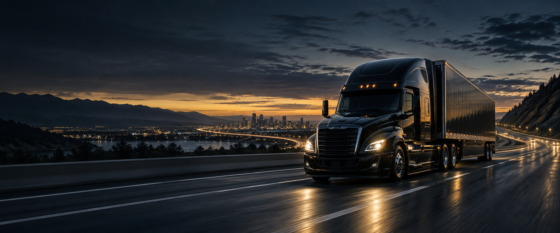 Black semi truck moving along an interstate at dusk